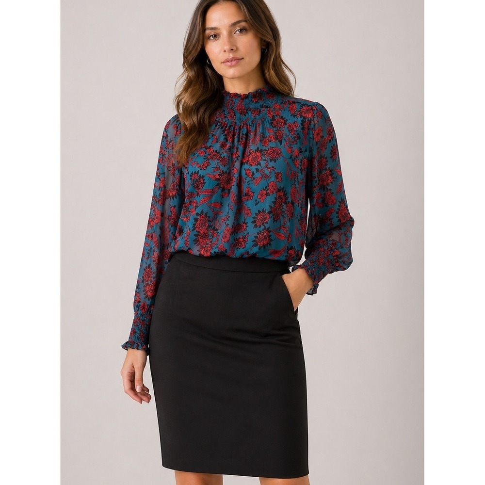 Abercrombie & Fitch Floral Blouse Womens Medium Teal Red Chiffon Smocked Top‎